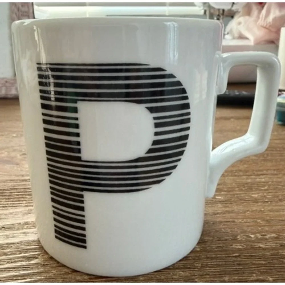 West Elm Initial Monogram P Mug black and white stripe